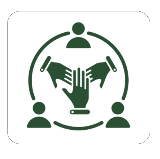 A logo with four hands in a circle, colored green and white, symbolizing collaboration with the community.
